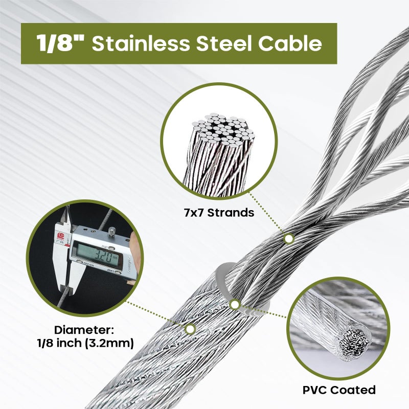 TooTaci 1/8" Sun Shade Sails Cable Wire Rope, 50ft Vinyl Coated Steel Cable, 1/8 Wire Rope for Triangle/Rectangle Sun Shade Sail Hardware, with Crimping Loops & Thimbles for Outdoor Garden Patio - Image 3